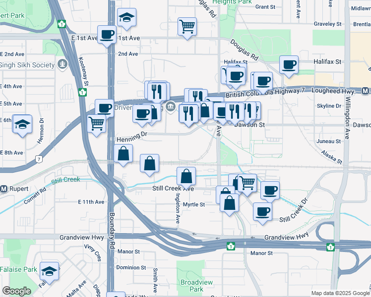 map of restaurants, bars, coffee shops, grocery stores, and more near 3950 Henning Drive in Burnaby