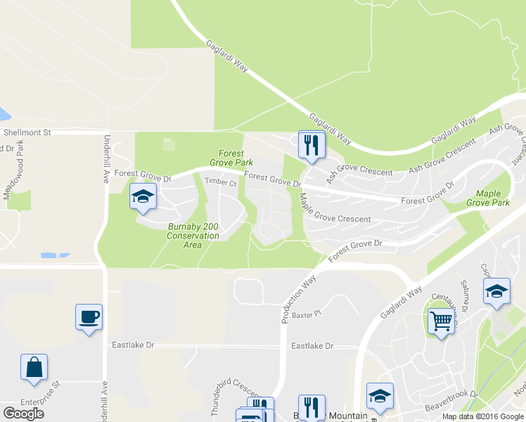 map of restaurants, bars, coffee shops, grocery stores, and more near 8530 Woodtrail Place in Burnaby