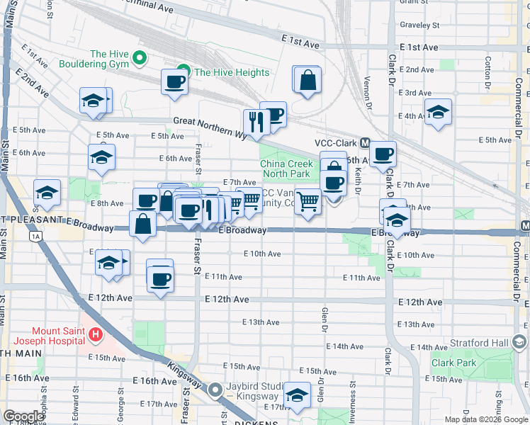 map of restaurants, bars, coffee shops, grocery stores, and more near 2412 Saint Catherines Street in Vancouver