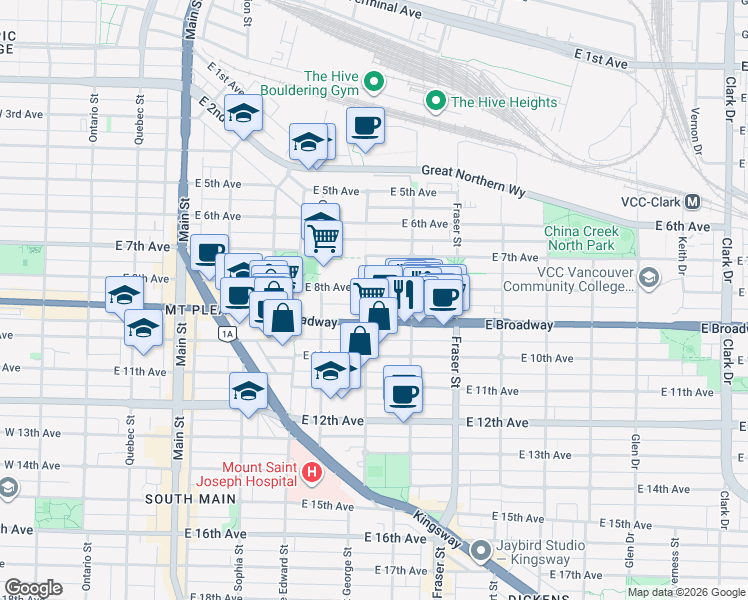 map of restaurants, bars, coffee shops, grocery stores, and more near 522 East 8th Avenue in Vancouver