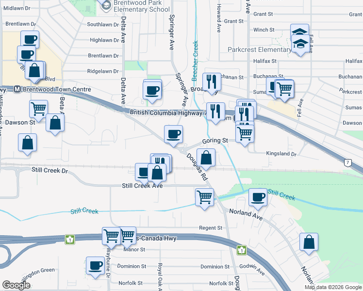 map of restaurants, bars, coffee shops, grocery stores, and more near in Burnaby