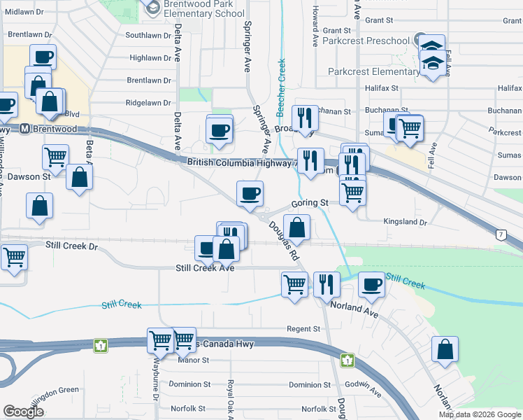 map of restaurants, bars, coffee shops, grocery stores, and more near 5311 Goring Street in Burnaby