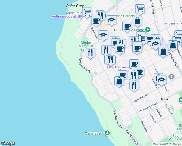map of restaurants, bars, coffee shops, grocery stores, and more near 6590 Northwest Marine Drive in Vancouver