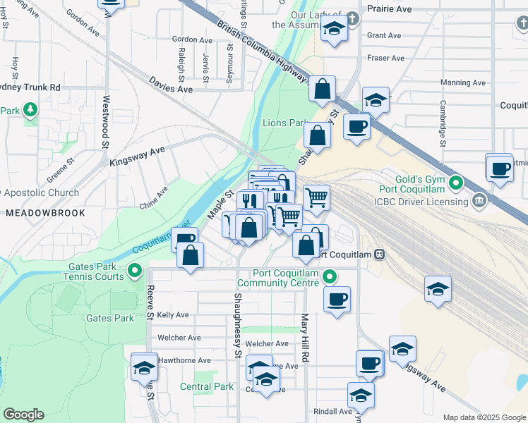map of restaurants, bars, coffee shops, grocery stores, and more near 2627 Shaughnessy Street in Port Coquitlam