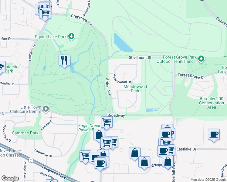 map of restaurants, bars, coffee shops, grocery stores, and more near 7873 Woodhurst Drive in Burnaby