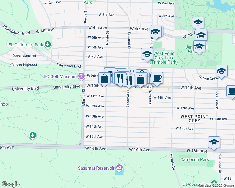 map of restaurants, bars, coffee shops, grocery stores, and more near 4543 West 11th Avenue in Vancouver