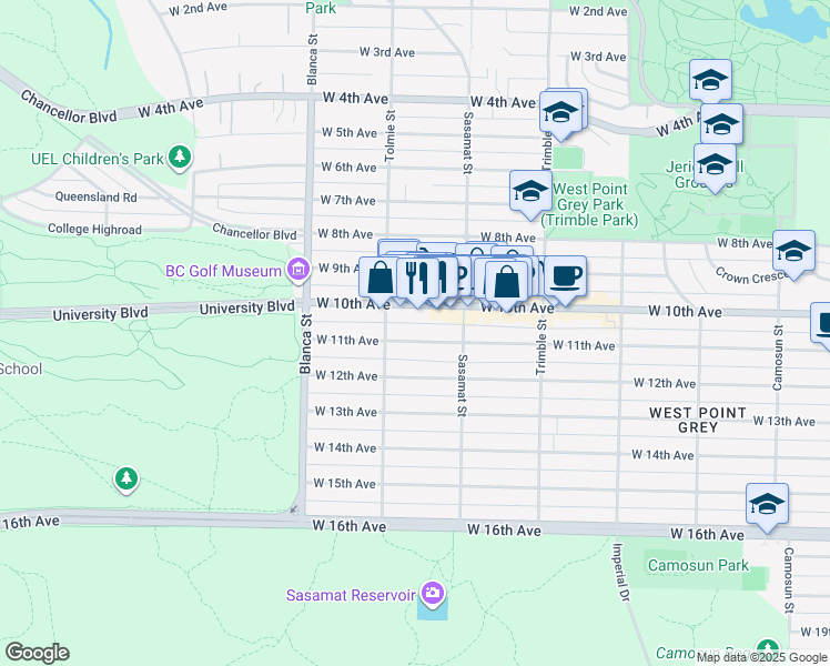 map of restaurants, bars, coffee shops, grocery stores, and more near 4557 West 11th Avenue in Vancouver