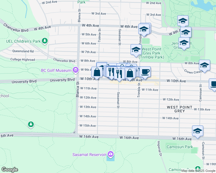 map of restaurants, bars, coffee shops, grocery stores, and more near 4549 West 11th Avenue in Vancouver