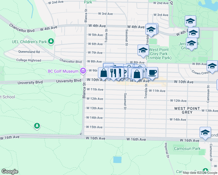 map of restaurants, bars, coffee shops, grocery stores, and more near 4579 West 11th Avenue in Vancouver