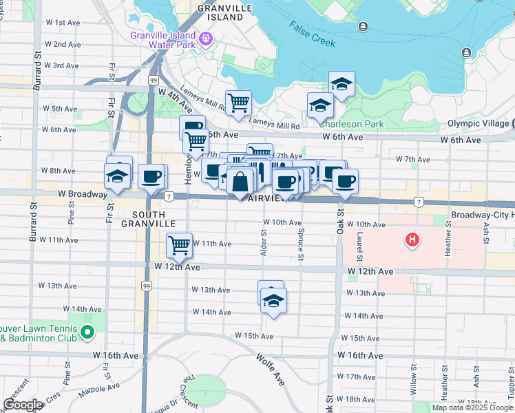 map of restaurants, bars, coffee shops, grocery stores, and more near in Vancouver