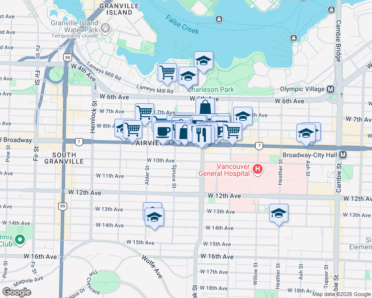 map of restaurants, bars, coffee shops, grocery stores, and more near 1068 West Broadway in Vancouver