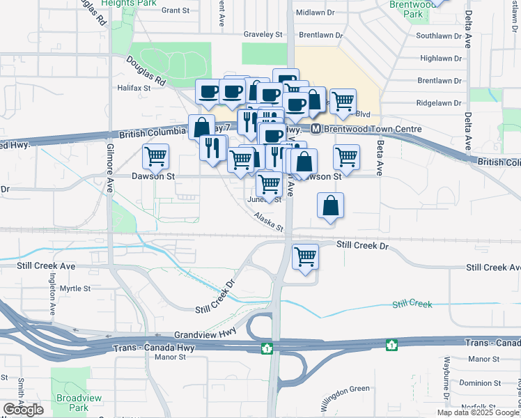 map of restaurants, bars, coffee shops, grocery stores, and more near in Burnaby