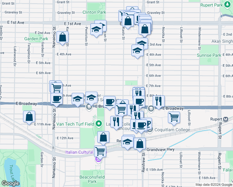 map of restaurants, bars, coffee shops, grocery stores, and more near 2749 East 8th Avenue in Vancouver