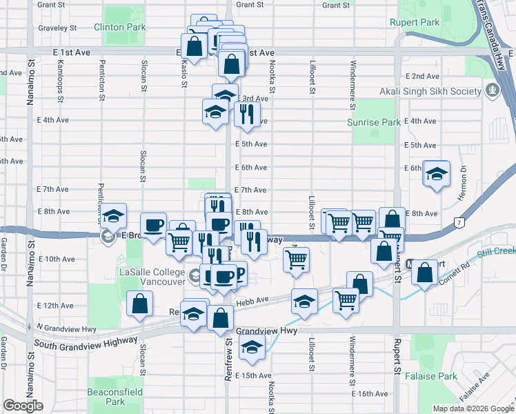map of restaurants, bars, coffee shops, grocery stores, and more near in Vancouver