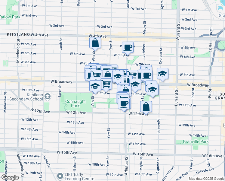 map of restaurants, bars, coffee shops, grocery stores, and more near 2181 West 10th Avenue in Vancouver