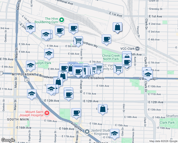 map of restaurants, bars, coffee shops, grocery stores, and more near 808 East 8th Avenue in Vancouver