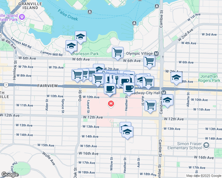 map of restaurants, bars, coffee shops, grocery stores, and more near 802 West Broadway in Vancouver