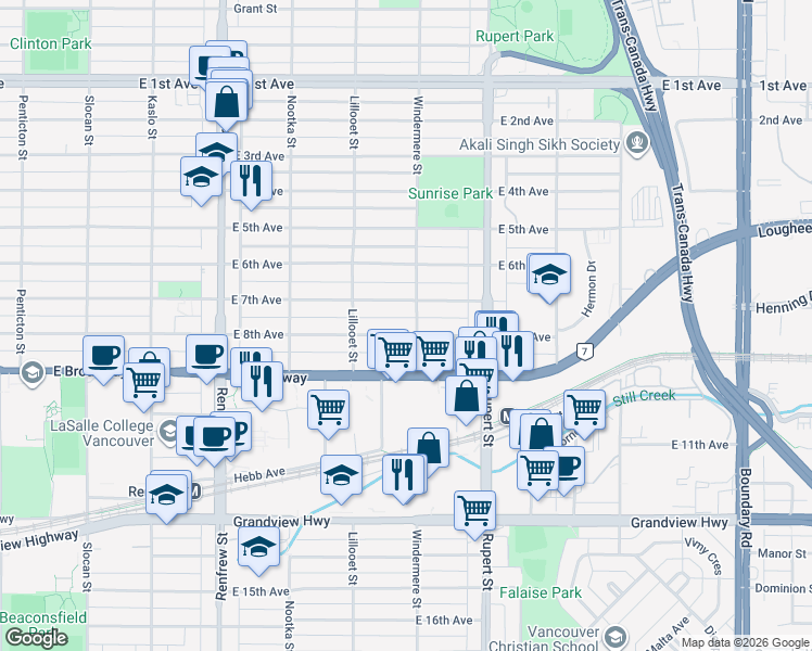 map of restaurants, bars, coffee shops, grocery stores, and more near 3191 East 8th Avenue in Vancouver