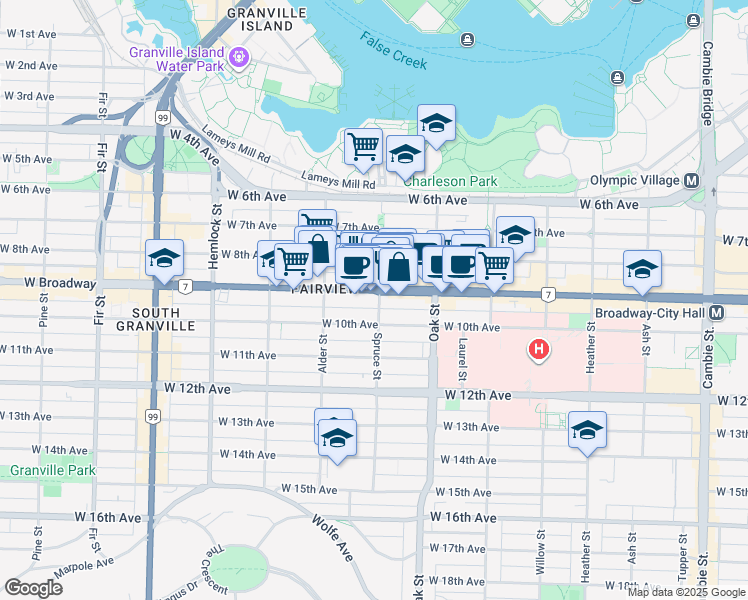 map of restaurants, bars, coffee shops, grocery stores, and more near 2480 Spruce Street in Vancouver