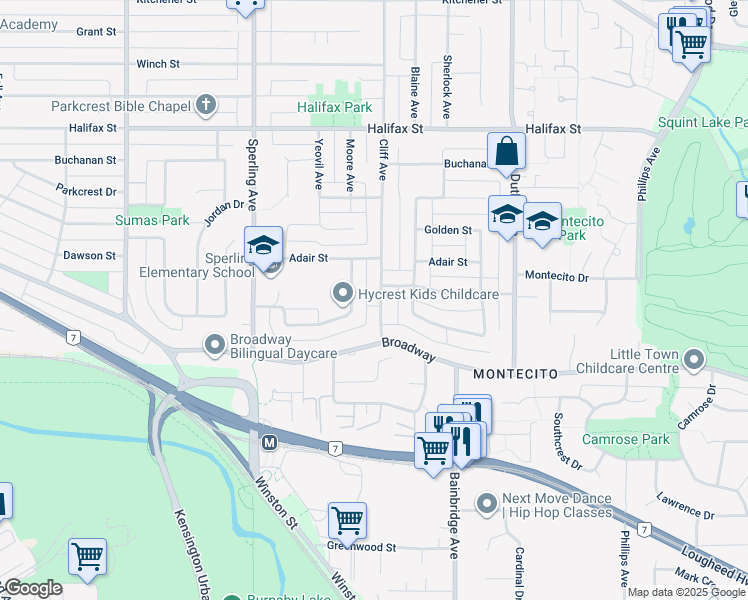 map of restaurants, bars, coffee shops, grocery stores, and more near 2283 Cliff Avenue in Burnaby