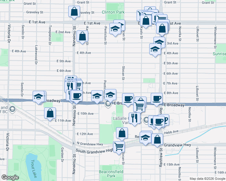 map of restaurants, bars, coffee shops, grocery stores, and more near 2643 East 8th Avenue in Vancouver