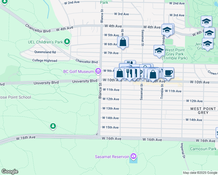 map of restaurants, bars, coffee shops, grocery stores, and more near 4653 West 11th Avenue in Vancouver