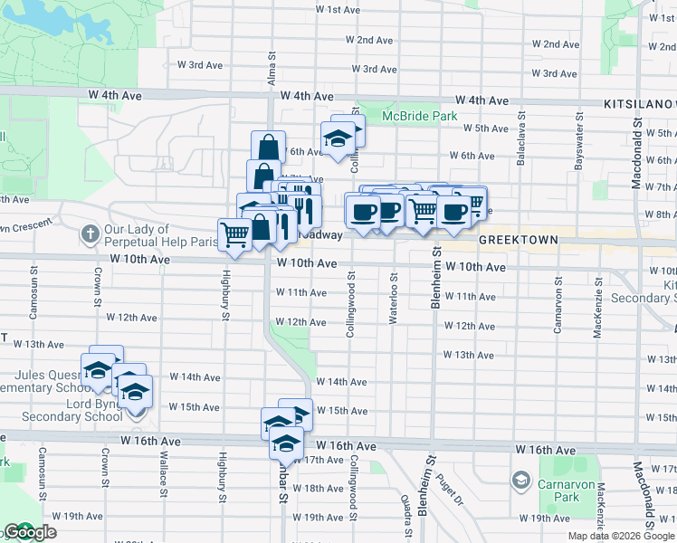 map of restaurants, bars, coffee shops, grocery stores, and more near 3528 West 10th Avenue in Vancouver