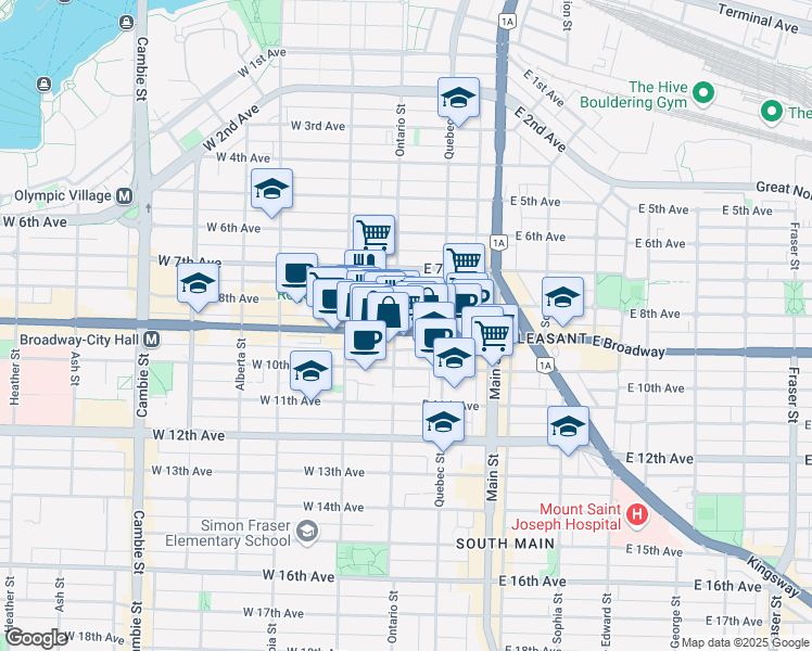 map of restaurants, bars, coffee shops, grocery stores, and more near 2505 Ontario Street in Vancouver