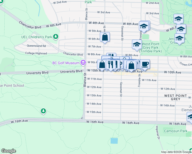 map of restaurants, bars, coffee shops, grocery stores, and more near 4633 West 11th Avenue in Vancouver