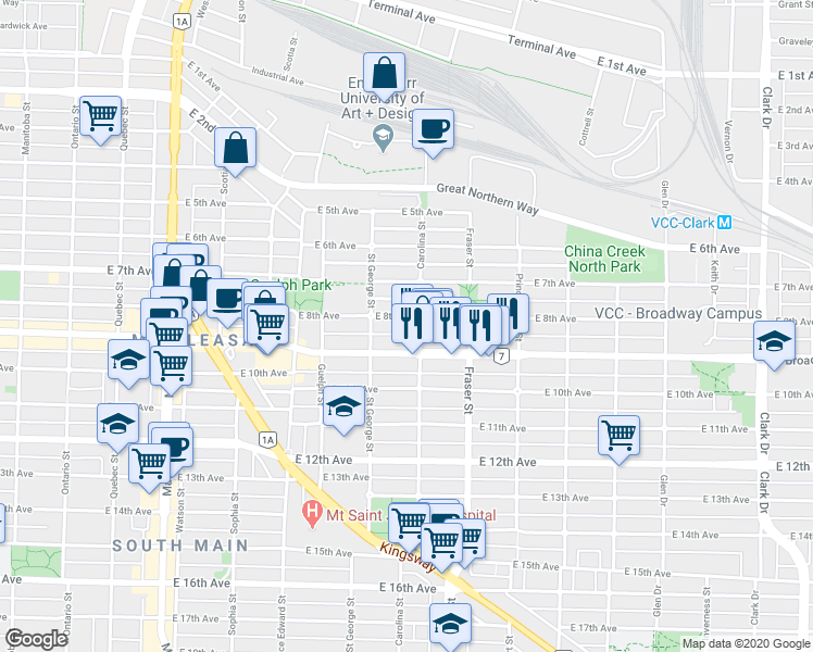 map of restaurants, bars, coffee shops, grocery stores, and more near in Vancouver
