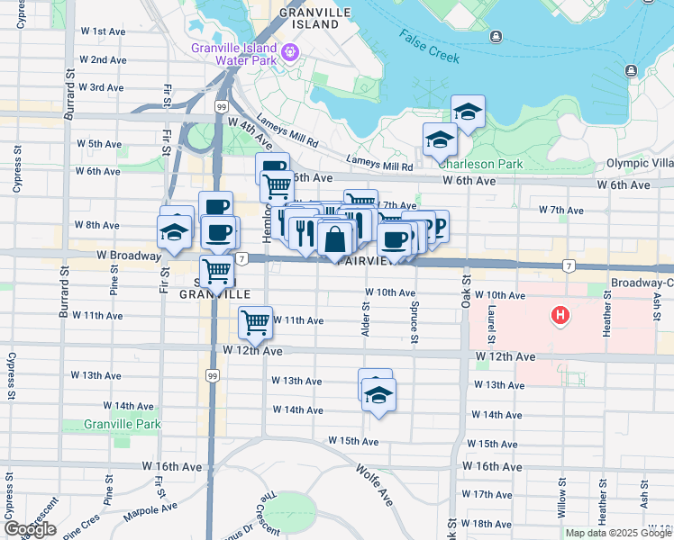 map of restaurants, bars, coffee shops, grocery stores, and more near 1312 British Columbia 7 in Vancouver