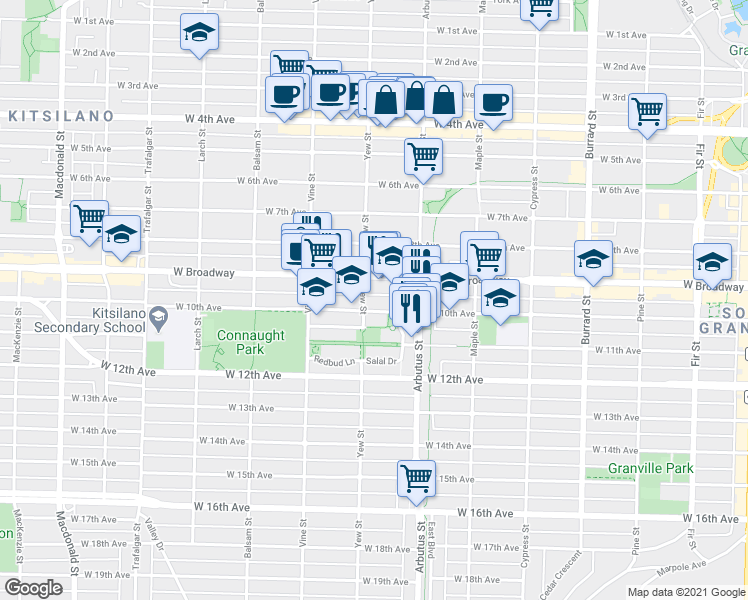 map of restaurants, bars, coffee shops, grocery stores, and more near in Vancouver