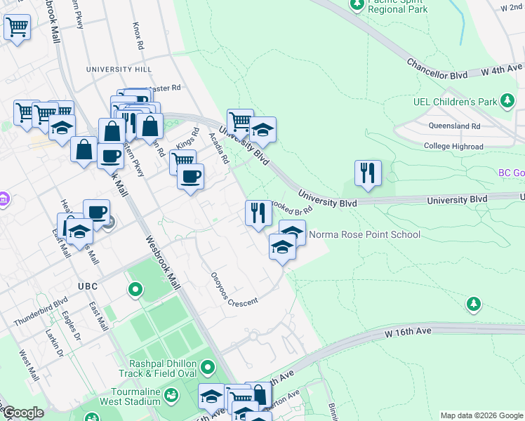 map of restaurants, bars, coffee shops, grocery stores, and more near 2710 Acadia Road in Vancouver