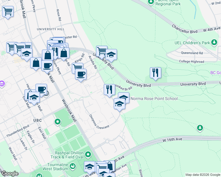 map of restaurants, bars, coffee shops, grocery stores, and more near 2710 Acadia Road in Vancouver