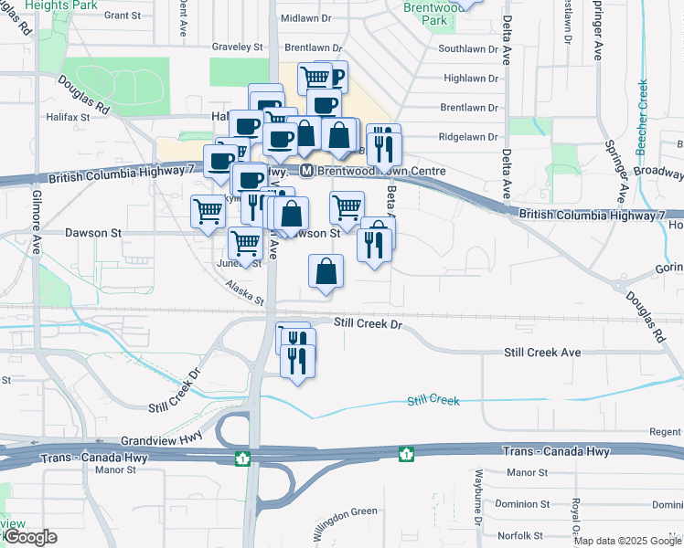 map of restaurants, bars, coffee shops, grocery stores, and more near 2450 Alpha Avenue in Burnaby