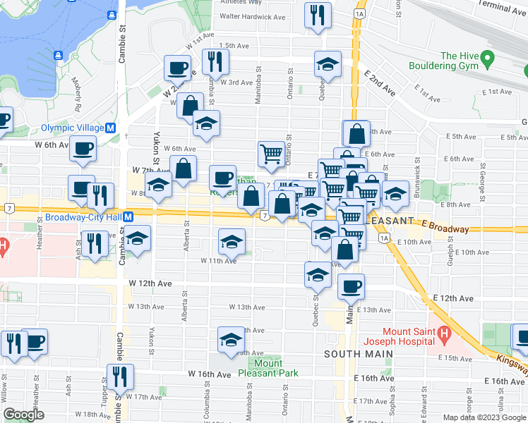 map of restaurants, bars, coffee shops, grocery stores, and more near 55 West Broadway in Vancouver
