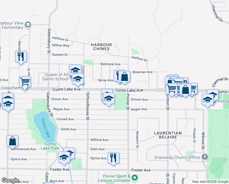 map of restaurants, bars, coffee shops, grocery stores, and more near 1632 Como Lake Avenue in Coquitlam
