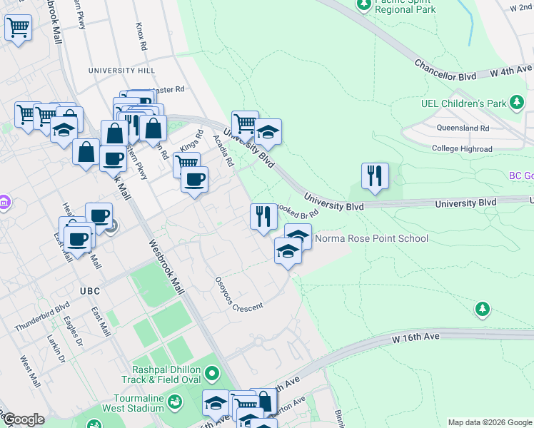 map of restaurants, bars, coffee shops, grocery stores, and more near 5380 Crooked Branch Road in Vancouver