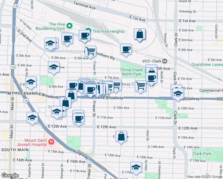 map of restaurants, bars, coffee shops, grocery stores, and more near 308 East 8th Avenue in Vancouver