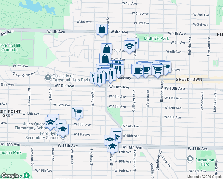 map of restaurants, bars, coffee shops, grocery stores, and more near 3668 West 10th Avenue in Vancouver