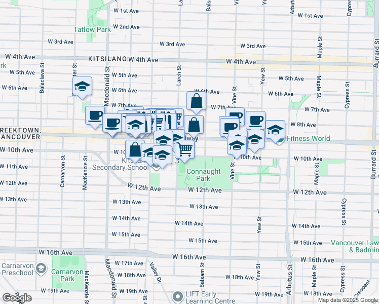 map of restaurants, bars, coffee shops, grocery stores, and more near 2455 West 10th Avenue in Vancouver