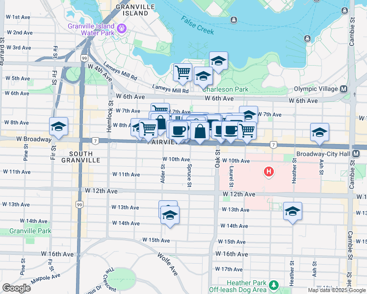 map of restaurants, bars, coffee shops, grocery stores, and more near 2480 Spruce Street in Vancouver