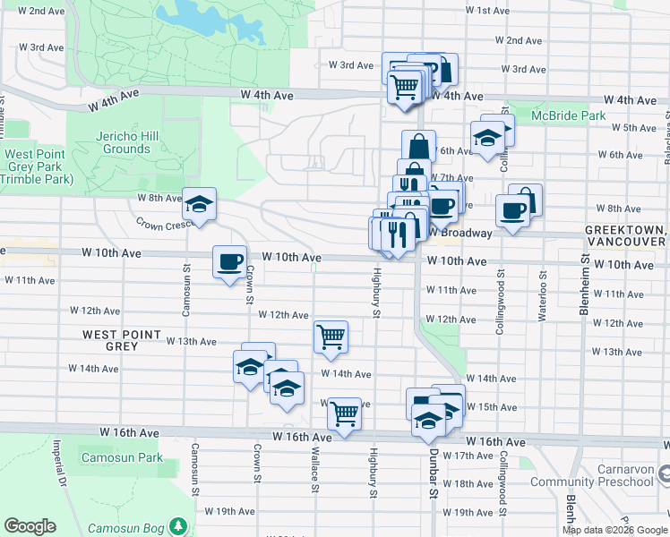 map of restaurants, bars, coffee shops, grocery stores, and more near 3868 West 10th Avenue in Vancouver