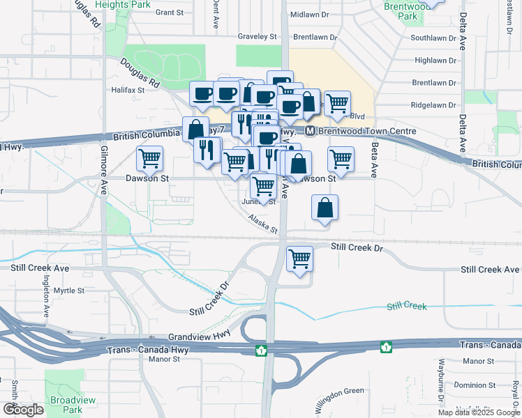 map of restaurants, bars, coffee shops, grocery stores, and more near in Burnaby