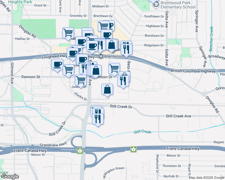 map of restaurants, bars, coffee shops, grocery stores, and more near 2378 Alpha Avenue in Burnaby