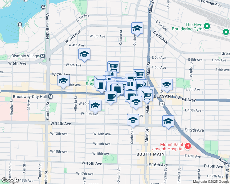 map of restaurants, bars, coffee shops, grocery stores, and more near 2505 Ontario Street in Vancouver