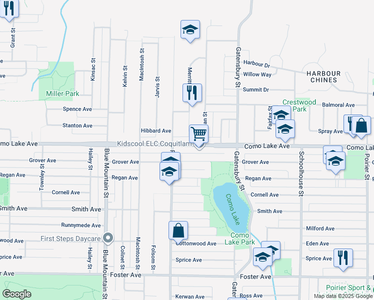 map of restaurants, bars, coffee shops, grocery stores, and more near 1100 Como Lake Avenue in Coquitlam