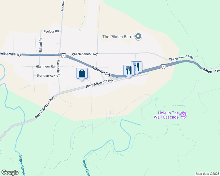 map of restaurants, bars, coffee shops, grocery stores, and more near 2530 Timberlane Road in Port Alberni