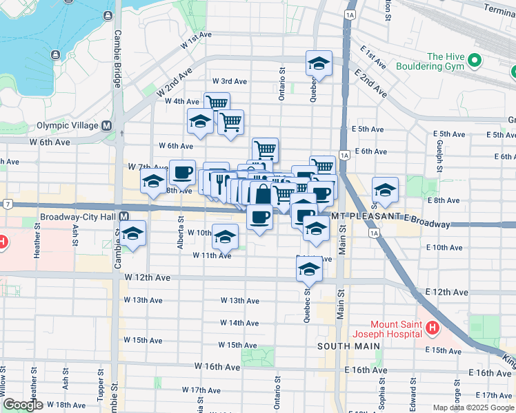 map of restaurants, bars, coffee shops, grocery stores, and more near 55 West Broadway in Vancouver