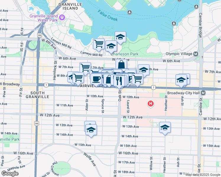 map of restaurants, bars, coffee shops, grocery stores, and more near in Vancouver